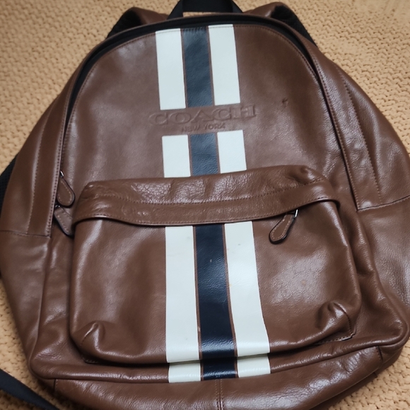 Coach Men's Brown Leather Backpack with White and Black Stripes - Picture 1 of 4